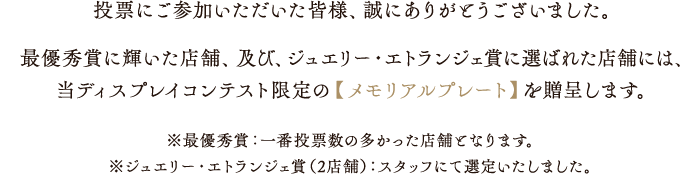 投票にご参加いただいた皆様、誠にありがとうございました。最優秀賞に輝いた店舗、及び、ジュエリー・エトランジェ賞に選ばれた店舗には、当ディスプレイコンテスト限定の【メモリアルプレート】を贈呈します。※最優秀賞：一番投票数の多かった店舗となります。※ジュエリー・エトランジェ賞 （２店舗）：スタッフにて選定いたしました。